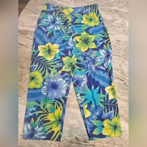 R&K Originals Tropical Floral Pants Size 8 Blue Green Yellow Cotton Stretch
